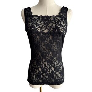Vintage 90s Black Full Lace Cami Sz S/M Sheer Lacy Sexy Floral Tank Top Stretch